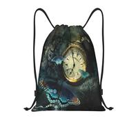 Uusnwaa Zaino con coulisse con stampa a farfalla e orologio, borsa a tracolla, resistente all'acqua, per palestra, shopping, sport, yoga, Nero , S, Zaino da viaggio