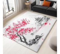 UUZEAI Tappeto tradizionale giapponese per soggiorno, dipinto ad acquerello con fiori di ciliegio sul Monte Fuji, tappeto per camera da letto, antiscivolo, lavabile, 160x230cm