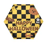 UV50+ Happy Halloween giallo nero a scacchi bambini ombrello ragazze 8-10 buono per auto, golf, e On-the-Go Uv Defence Golf ombrelli auto aperto