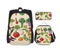 UVBDF 3 pezzi Introduzione di VegetablesBackpack School Bag Set per Viaggi Studio Zaino e Lunch Box e Matita Bag, Nero , Taglia unica, Set di zaini per la scuola