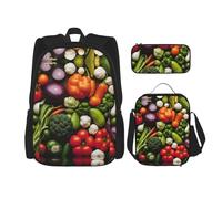 UVBDF 3 pezzi Introduzione di VegetablesBackpack School Bag Set per Viaggi Studio Zaino e Lunch Box e Matita Bag, Nero , Taglia unica, Set di zaini per la scuola