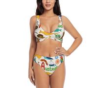 UVBDF Australia Icons - Set bikini da donna colorato, due pezzi, design incrociato sul davanti con top da bagno di supporto, Nero , XL