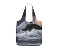 UVBDF Borsa riutilizzabile ripiegabile in poliestere da 25 l, con stampa di un faro in tempesta, per viaggi, vacanze, viaggi