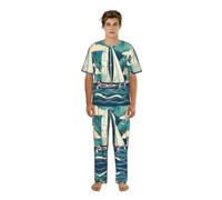 UVBDF Camicia da notte da uomo con stampa di barca a vela oceano Co Ord camicia girocollo pantaloni pigiama stampati loungewear per uomo, Nero , M