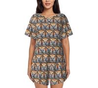 UVBDF Gufo Credenze Estate Donne Pigiama Set 2 Pezzi Manica Corta Loungewear Morbido Leggero Pigiama Con Tasche Per Il Lounge Quotidiano, Nero , 3XL