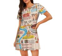 UVBDF Illus - Camicia da notte da donna a maniche corte, con scollo rotondo, motivo mappa di Roma con punti di riferimento, Nero , XXL