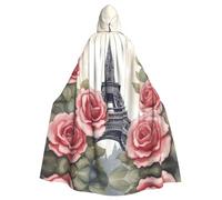 UVBDF Mantello con cappuccio in poliestere con fiore rosa Torre Eiffel per adulto, mantello da strega strega per Halloween, giorno di San Patrizio
