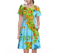 UVBDF Mappa dell'Italia con icone del cibo Primavera Abito da donna a trapezio con stampa a maniche corte con tasche, elastico in vita, gonna comfort per tutti i giorni, Nero , XL