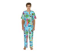 UVBDF Mens Sud America Mappa Con Icone Stampa Sleepwear Co Ord Girocollo Camicia A Lunghezza intera Pigiama Pantaloni Stampato Loungewear Set Per Uomo, Nero , S