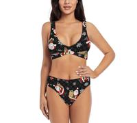 UVBDF Merry Christmas Happy - Set bikini da donna a due pezzi, design incrociato sul davanti con top da bagno di supporto, Nero , S