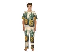 UVBDF Pigiama da uomo con stampa ananas Co Ord girocollo camicia intera pigiama pantaloni stampati Loungewear Set per gli uomini, Nero , M