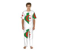 UVBDF Pigiama da uomo con stampa mappa della bandiera dell'Algeria Co Ord girocollo camicia intera pigiama pantaloni stampati loungewear set per uomo, Nero , L