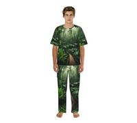UVBDF Pigiama da uomo con stampa tropicale della foresta pluviale Co Ord girocollo camicia intera pigiama pantaloni stampati Loungewear Set per gli uomini, Nero , 3XL