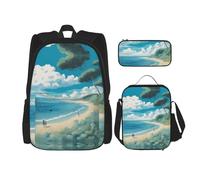 UVBDF Set di 3 borse da scuola con conchiglie sulla spiaggia per viaggi, studio, portapranzo e astuccio per matite, Nero , Taglia unica, Set di zaini per la scuola
