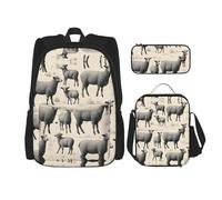 UVBDF Set di 3 zainetti da scuola a forma di agnello, per viaggi, studio, portapranzo e astuccio per matite, Nero , Taglia unica, Set di zaini per la scuola