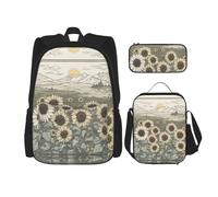 UVBDF Set di 3 zainetti per la scuola con girasoli e camomilla, per viaggi, studio, portapranzo e astuccio per matite, Nero , Taglia unica, Set di zaini per la scuola