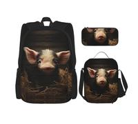UVBDF Set di 3 zaini da scuola con animali della fattoria, per viaggi, studio, portapranzo e astuccio per matite, Nero , Taglia unica, Set di zaini per la scuola