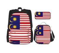 UVBDF Set di 3 zaini da scuola con bandiera della Malesia, per viaggi, studio, portapranzo e astuccio per matite, Nero , Taglia unica, Set di zaini per la scuola