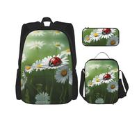 UVBDF Set di 3 zaini da scuola con coccinella su margherita, per viaggi, studio, portapranzo e astuccio per matite, Nero , Taglia unica, Set di zaini per la scuola