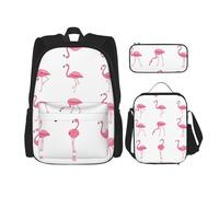 UVBDF Set di 3 zaini da scuola con fenicotteri su sfondo bianco, per viaggi, studio, portapranzo e astuccio per matite, Nero , Taglia unica, Set di zaini per la scuola