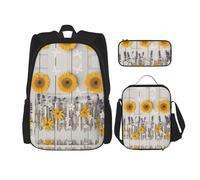 UVBDF Set di 3 zaini da scuola con girasoli su legno, per viaggi, studio, portapranzo e astuccio per matite, Nero , Taglia unica, Set di zaini per la scuola