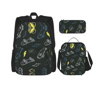 UVBDF Set di 3 zaini da scuola con motivo graffiti e skateboard, per viaggi, studio, portapranzo e astuccio per matite, Nero , Taglia unica, Set di zaini per la scuola