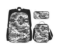 UVBDF Set di 3 zaini da scuola con motivo mimetico digitale, per viaggi, studio, portapranzo e astuccio per matite, Nero , Taglia unica, Set di zaini per la scuola