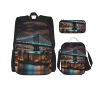 UVBDF Set di 3 zaini da scuola con motivo New York Manhattan Bridge, zaino da viaggio e studio, portapranzo e astuccio per matite, Nero , Taglia unica, Set di zaini per la scuola