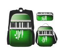 UVBDF Set di 3 zaini da scuola con tasti di pianoforte, colore verde e bianco, per viaggi, studio, portapranzo e astuccio per matite, Nero , Taglia unica, Set di zaini per la scuola