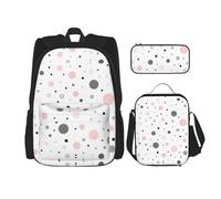 UVBDF Set di 3 zaini da scuola moderni a pois grigi e bianchi, per viaggi, studio, portapranzo e astuccio per matite, Nero , Taglia unica, Set di zaini per la scuola