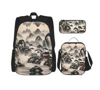 UVBDF Set di 3 zaini da scuola per pittura paesaggistica, zaino da viaggio e borsa per il pranzo e astuccio per matite, Nero , Taglia unica, Set di zaini per la scuola