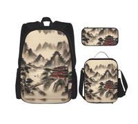 UVBDF Set di 3 zaini da scuola per pittura paesaggistica, zaino da viaggio e borsa per il pranzo e astuccio per matite, Nero , Taglia unica, Set di zaini per la scuola