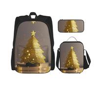 UVBDF Set di 3 zaini per la scuola con albero di Natale glitterato dorato per viaggi, studio, portapranzo e astuccio per matite, Nero , Taglia unica, Set di zaini per la scuola