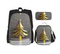 UVBDF Set di 3 zaini per la scuola con albero di Natale glitterato dorato per viaggi, studio, portapranzo e astuccio per matite, Nero , Taglia unica, Set di zaini per la scuola