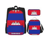 UVBDF Set di 3 zaini per la scuola con bandiera della Cambogia, per viaggi, studio, portapranzo e astuccio per matite, Nero , Taglia unica, Set di zaini per la scuola