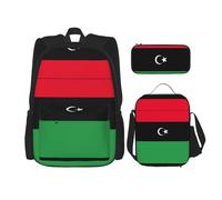 UVBDF Set di 3 zaini per la scuola con bandiera della Libia, per viaggi, studio, portapranzo e astuccio per matite, Nero , Taglia unica, Set di zaini per la scuola