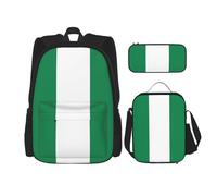 UVBDF Set di 3 zaini per la scuola con bandiera della Nigeria per viaggi, studio, portapranzo e astuccio per matite, Nero , Taglia unica, Set di zaini per la scuola