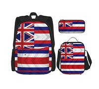 UVBDF Set di 3 zaini per la scuola con bandiera delle Hawaii americane, per viaggi, studio, portapranzo e astuccio per matite, Nero , Taglia unica, Set di zaini per la scuola