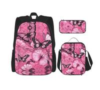 UVBDF Set di 3 zaini per la scuola con farfalle senza cuciture per viaggi, studio, portapranzo e astuccio per matite, Nero , Taglia unica, Set di zaini per la scuola