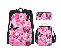 UVBDF Set di 3 zaini per la scuola con farfalle senza cuciture per viaggi, studio, portapranzo e astuccio per matite, Nero , Taglia unica, Set di zaini per la scuola