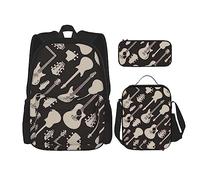 UVBDF Set di 3 zaini per la scuola con motivo a chitarra, per viaggi, studio, portapranzo e astuccio per matite, Nero , Taglia unica, Set di zaini per la scuola