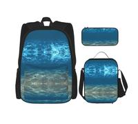 UVBDF Set di 3 zaini per la scuola con paesaggio marino ondulato blu oceano marino per viaggi, studio, portapranzo e astuccio per matite, Nero , Taglia unica, Set di zaini per la scuola