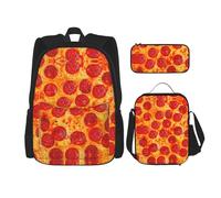 UVBDF Set di 3 zaini per la scuola con pizza 3D e peperoni, per viaggi, studio, portapranzo e astuccio per matite, Nero , Taglia unica, Set di zaini per la scuola