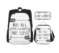 UVBDF Set di 3 zaini per la scuola con scritta in inglese "Not All Who Wander are LostBackpack for Travel Study Backpack and Lunch Box and Pencil Bag, Nero , Taglia unica, Set di zaini per la scuola