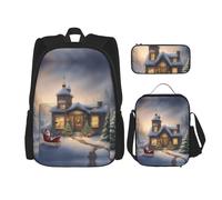 UVBDF Set di 3 zaini per la scuola con scritta "Merry Christmas", per viaggi, studio, portapranzo e astuccio per matite, Nero , Taglia unica, Set di zaini per la scuola