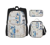 UVBDF Set di 3 zaini per la scuola con stella marina e faro, per viaggi, studio, portapranzo e astuccio per matite, Nero , Taglia unica, Set di zaini per la scuola