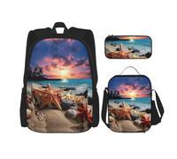 UVBDF Set di 3 zaini per la scuola con stelle marine e corallo sulla spiaggia per viaggi, studio, portapranzo e astuccio per matite, Nero , Taglia unica, Set di zaini per la scuola