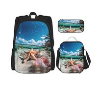 UVBDF Set di 3 zaini per la scuola con stelle marine e corallo sulla spiaggia per viaggi, studio, portapranzo e astuccio per matite, Nero , Taglia unica, Set di zaini per la scuola