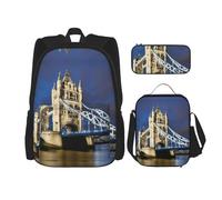 UVBDF Set di 3 zaini per la scuola con Tower Bridge a Londra, zaino da viaggio e studio, portapranzo e astuccio per matite, Nero , Taglia unica, Set di zaini per la scuola