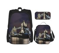 UVBDF Set di 3 zaini per la scuola con Tower Bridge a Londra, zaino da viaggio e studio, portapranzo e astuccio per matite, Nero , Taglia unica, Set di zaini per la scuola